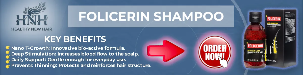 Folicerin Shampoo with Key Benefits points and Healthy New Hair Logo