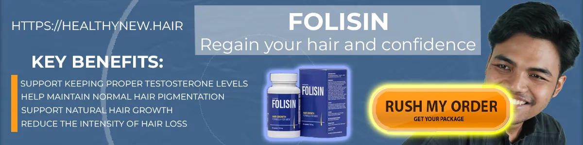 Folisin Banner with Key Benefits, Product and Healthy New Hair Logo