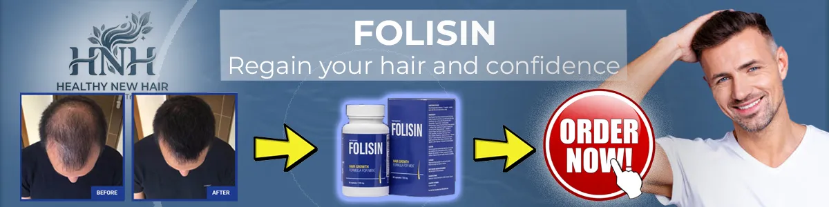 Folisin Banner with Before and After Image, product and Healthy New Hair Logo