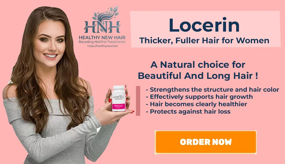 Locerin Thicker, Fuller Hair For Women Banner With Order Now Button and HealthyNew.Hair Logo