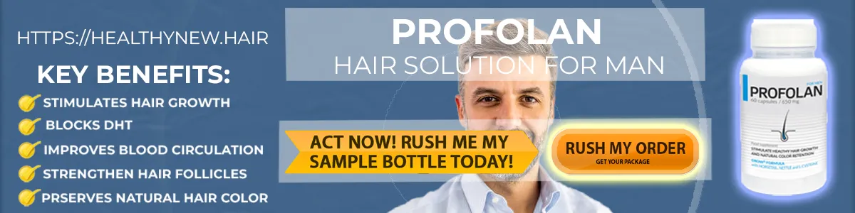 PROFOLAN Banner with Key Benefits, product and Healthy New Hair text