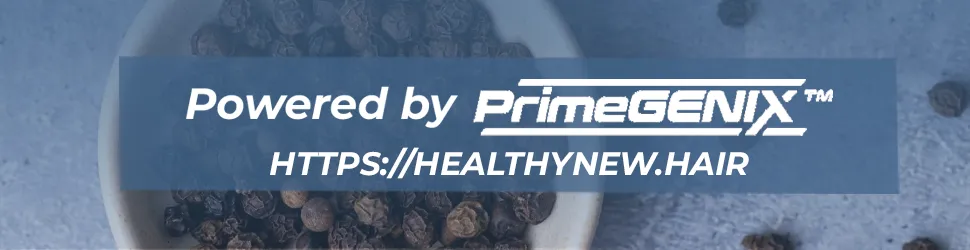 Official PrimeGENIX DHT Balance banner for Piperine and Black Pepper Extract absorption guides in hair restoration supplements.