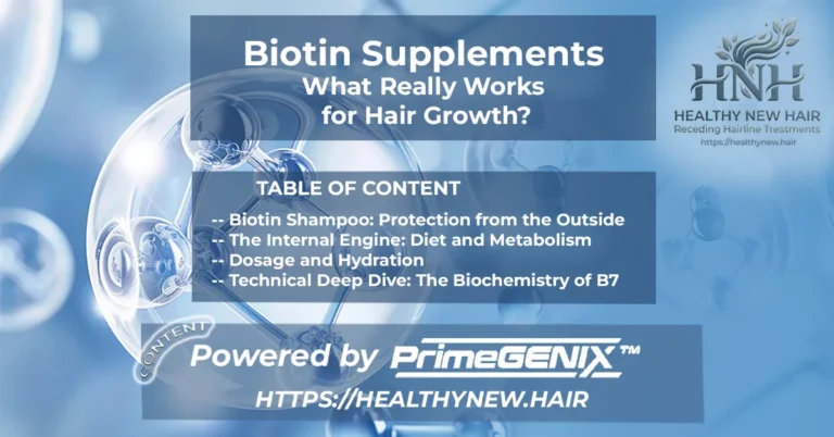 Comparison between Biotin supplements and hair growth shampoo showing internal nutrition vs external protection for thinning hair follicles