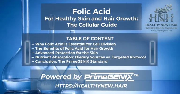 Premium PrimeGENIX folic acid guide banner on a scientific laboratory background showing vitamin B9 cell division and follicle oxygen flow.