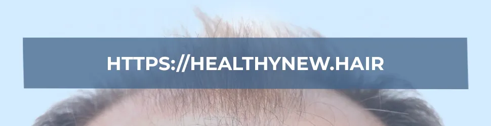 Banner with part of a head without hair and text with https://healthynew.hair