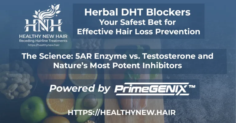 xpert overview of herbal natural DHT blockers and organic ingredients for safe hair restoration, featuring Healthy New Hair branding