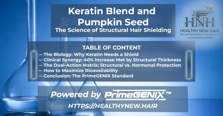 Premium PrimeGENIX keratin blend and pumpkin seed extract guide banner on a scientific laboratory background explaining structural hair shielding for men.