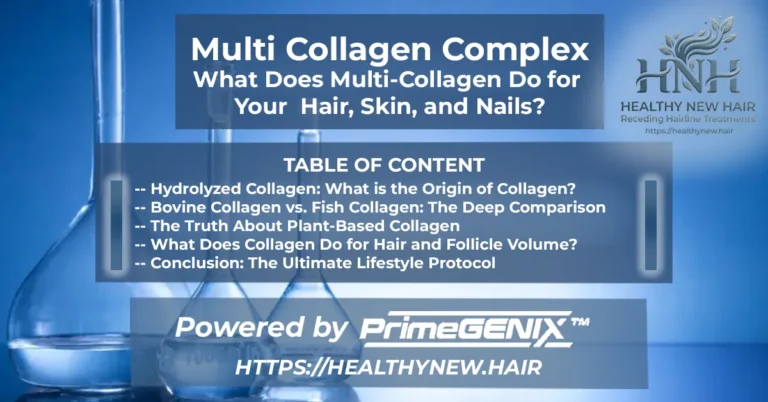 Premium PrimeGENIX multi-collagen complex guide banner on a scientific laboratory background explaining type 1 collagen benefits for men's hair, skin, and nails.