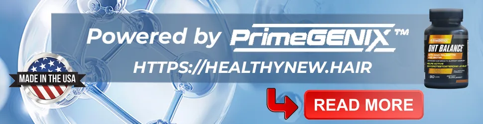Official PrimeGENIX DHT Balance information partner banner for Biotin hair growth and vitamin B7 restoration guides.