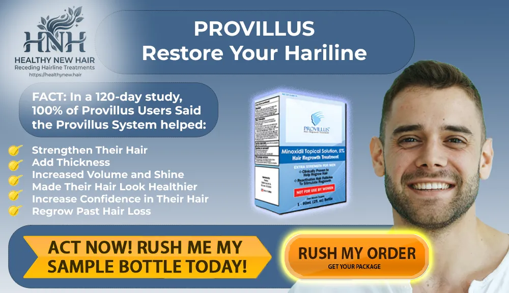 Provillus Restore Your Hairline Banner with Key Benefits and facts about a 120 days study of users experience. Image contains a package of Provillus and Healthy New Hair Logo. 
