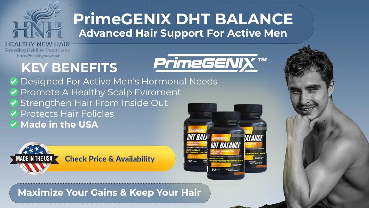 PrimeGENIX Natural DHT Blockers Banner with Keybenefits and logo of Made in the USA. Maximize Your Gains &amp; Keep your Hair.