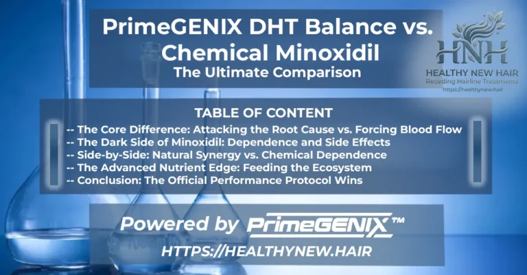Official PrimeGENIX DHT Balance vs chemical minoxidil comparison banner on a scientific laboratory background detailing natural versus chemical hair growth treatments for men.