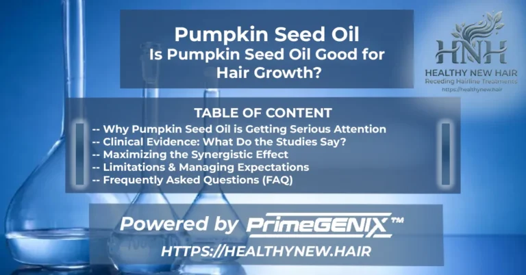 Premium PrimeGENIX pumpkin seed oil guide banner on a scientific laboratory background detailing natural DHT blocker research for hair growth.