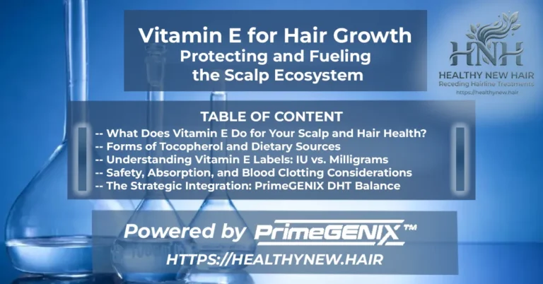 Premium PrimeGENIX vitamin E guide banner on a scientific laboratory background illustrating alpha-tocopherol antioxidant protection and scalp oil balance.