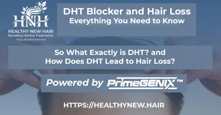 DHT Blocker and Hair Loss Professional guide banner showing the connection between DHT blockers and male hair loss prevention, powered by PrimeGENIX DHT Balance."