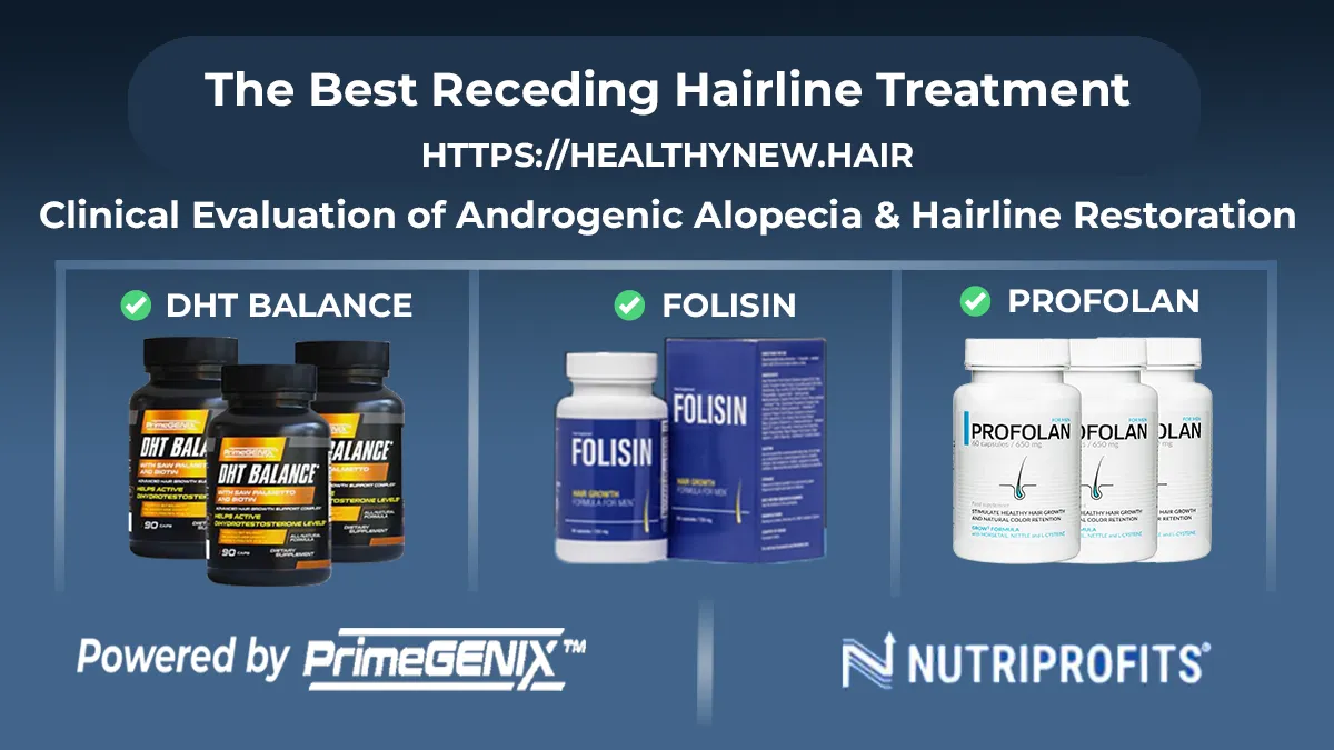 Comprehensive multi-brand synergy comparison banner showcasing the PrimeGENIX DHT Balance, Folisin Advanced Formula, and Profolan Growth Matrix anti-androgen systems for masculine hair line restoration.