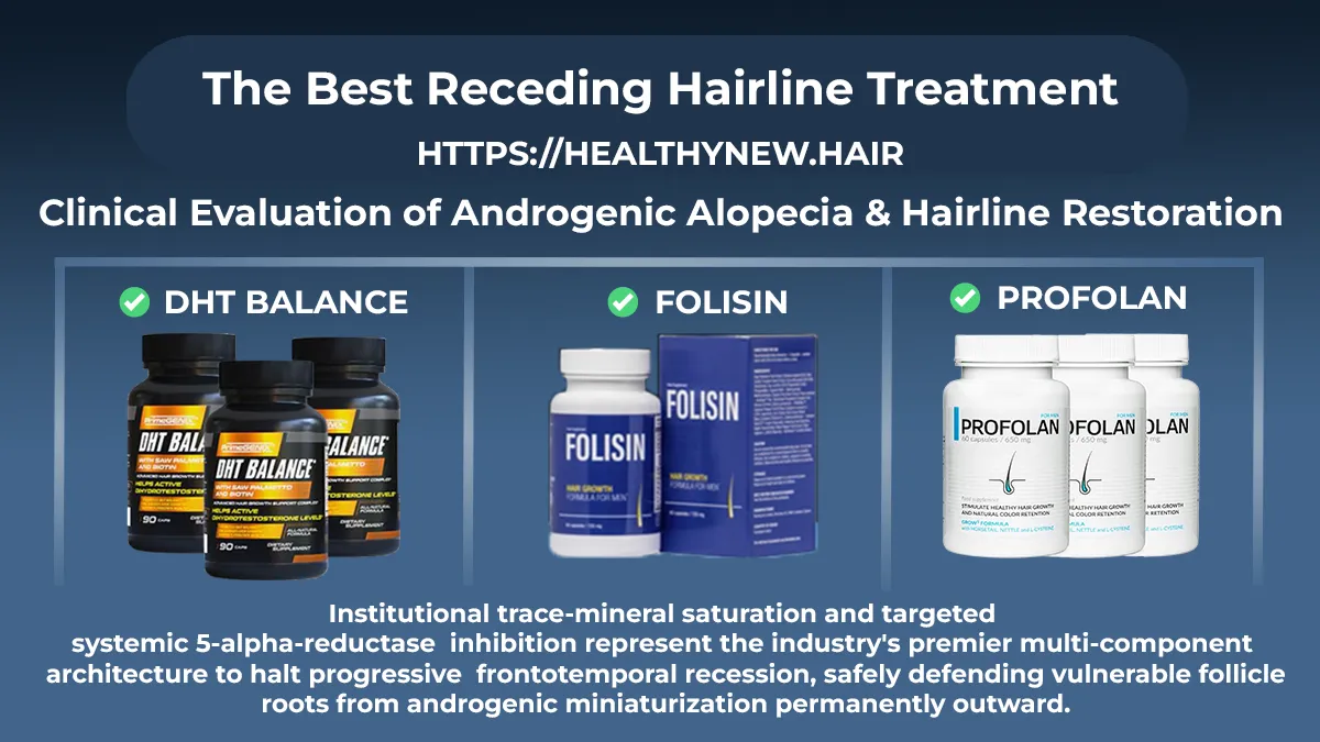 Centralized multi-brand Receding Hairline Restoration matrix tracking the PrimeGENIX DHT Balance, Folisin Advanced Formula, and Profolan Growth Matrix anti-androgen systems.