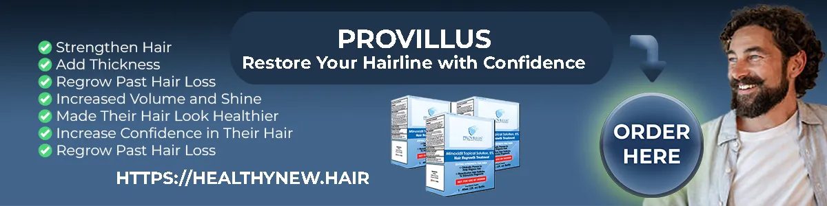 Official Provillus dual-action hair restoration system banner featuring the specialized oral dietary supplement matrix and topical minoxidil solution for advanced androgenetic alopecia treatment.