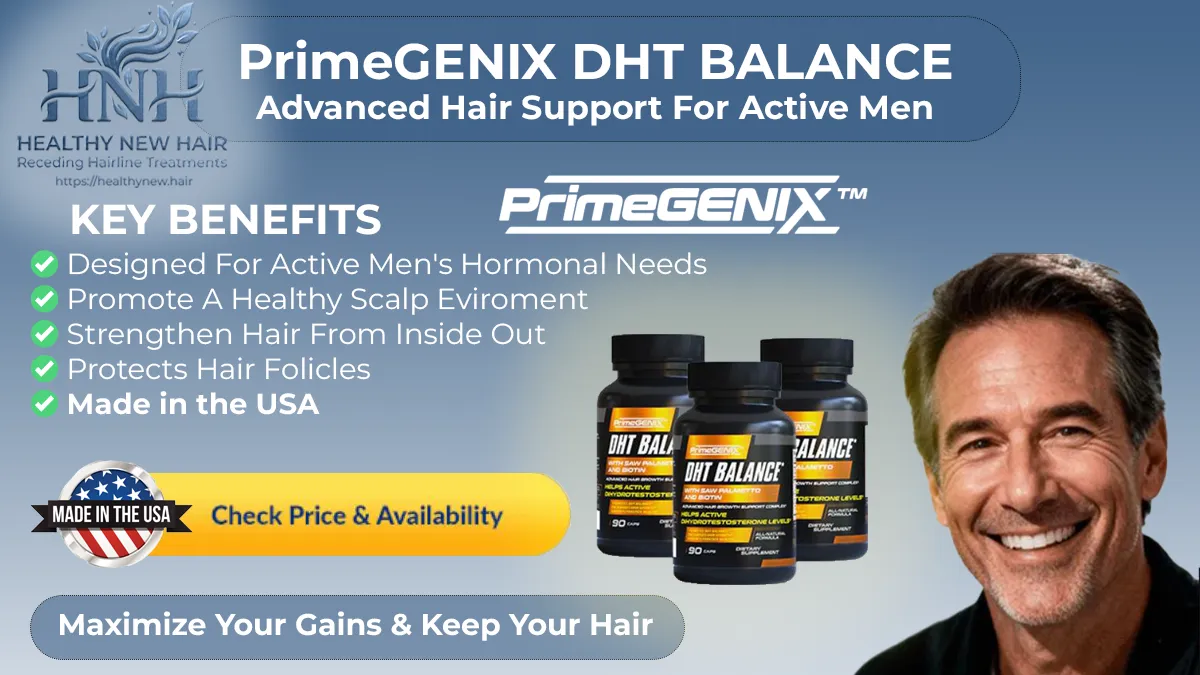 Official PrimeGENIX DHT Balance laboratory partner banner for natural hair growth restoration and masculine lifestyle vitalization guides. 