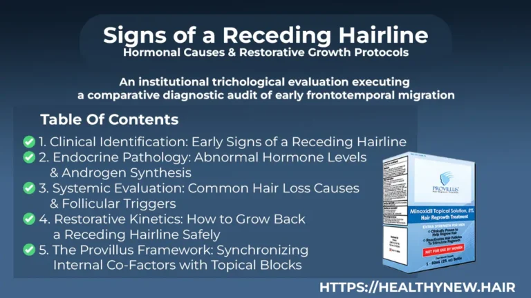 Clinical evaluation of early signs of a receding hairline and hormonal causes to analyze 5-alpha-reductase synthesis and follicle miniaturization pathways.
